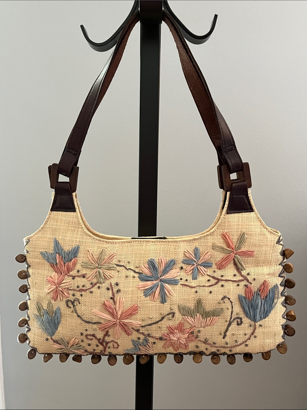 Embroidered Floral Beige Shoulder Bag with Brown Straps